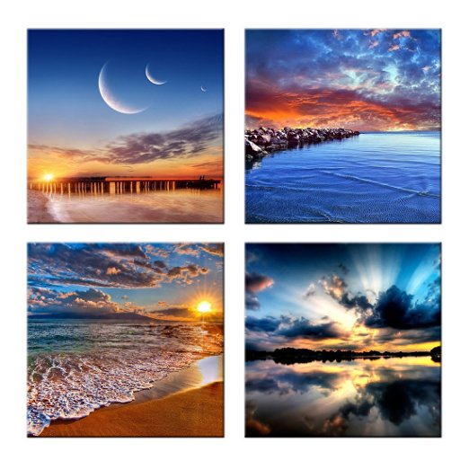 Home Art - Modern Art Sunrise on the Sea Giclee Canvas Prints Framed Canvas Wall Art for Home Decor Perfect 4 Panels Wall Decor Landscape Paintings for Living Room Bedroom Dining Room Bathroom Office