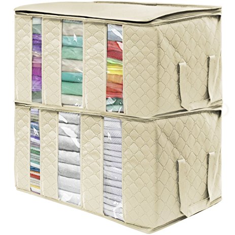 Sorbus Foldable Storage Bag Organizers, 3 Sections, Great for Clothes, Blankets, Closets, Bedrooms, and more (2 Pack, Beige)