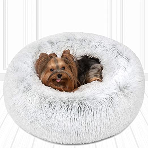 Friends Forever Donut Cat Bed, Faux Fur Dog Beds for Medium Small Dogs - Self Warming Indoor Round Pillow Cuddler Pink & Tan & Grey & Ivory