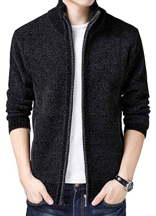 HOW'ON Men's Solid Slim Fit Long Sleeve Zip Up Knit Cardigan