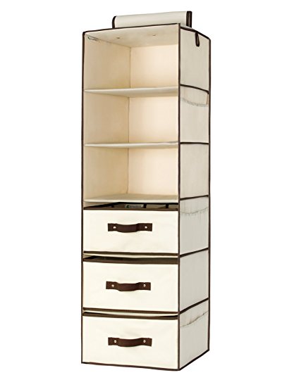 StorageWorks Polyester Canvas Hanging Closet Organizer with 2 Drawers & 1 Underwear Drawer, Foldable Hanging Accessory Shelves, Natural, 6-Shelf, 13.6*12.2*41.3 inches