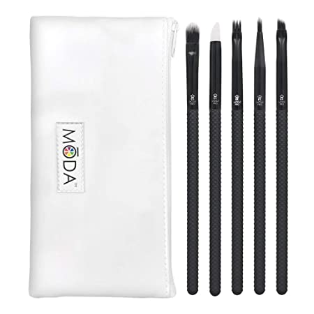 MODA Pro Full Size Graphic Eye 6pc Makeup Brush Set with Pouch, Includes - Concealer, Glam Topper, Wisp, Pointed Liner, and Angled Liner Brushes, Black