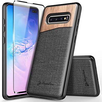 Galaxy S10  Plus Case with Full Coverage Screen Protector 3D PET, NageBee Premium Natural Wood Canvas Fabrics Heavy Duty Shockproof Hybrid Defender Durable Case for Samsung Galaxy S10 /S10 Plus -Wood