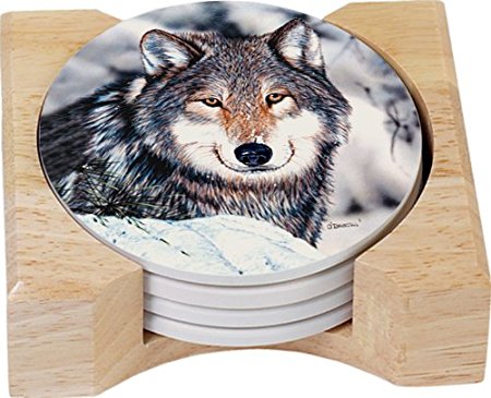 CounterArt Patient Wolf Design Round Absorbent Coasters in Wooden Holder, Set of 4