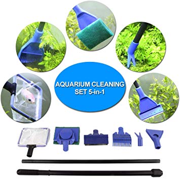 FREESEA Aquarium Fish Tank Clean Set, Fish net, Grass Fork, Sponge Brush, Scraper, Gravel rake, for Aquarium Cleaning kit 5-in-1