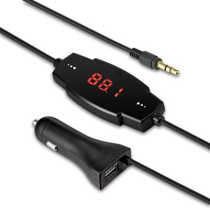 Amtake 5V/2.4A FM Transmitter,Wireless FM Car Radio Adapter with 3.5mm Audio Aux Plug and Car Charger for iPhone 6s/6/5s/5/4, iPad, iPod, Samsung All Smartphones Android Phone Tablet (Black)