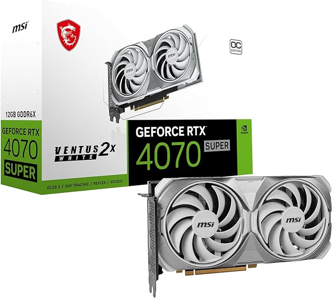 MSI Gaming RTX 4070 Super 12G Ventus 2X White OC Graphics Card (NVIDIA RTX 4070 Super, 192-Bit, Boost Clock: 2520 MHz, 12GB GDRR6X 21 Gbps, HDMI/DP, Ada Lovelace Architecture)