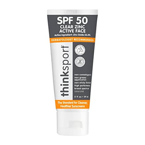 Thinksport SPF 50 Clear Zinc Active Face - Safe, Natural Mineral Sunscreen for All Skin Tones - Water Resistant Facial Sun Protection – Vegan Sun Lotion, 2 Fl oz
