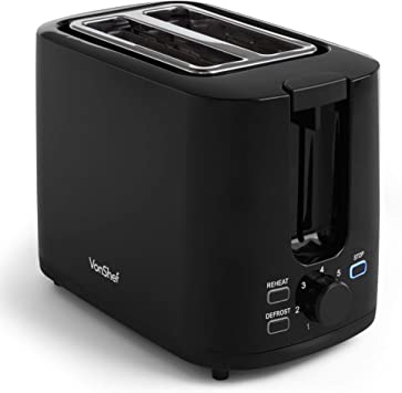 VonShef Black Toaster - 2 Slice Toaster with Browning Control, Removable Crumb Tray & Defrost Function - 900W