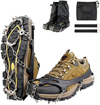 GOKKCL Traction Cleats Ice Cleats Ice Snow Grips Crampons with Anti Slip 18 Stainless Steel Spikes for Walking,Jogging, Climbing and Hiking,Free Low Gaiters,Carryying Bag,Strap