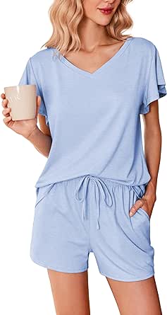 Ekouaer Women's Pajamas Set Ruffle Sleeves Sleepwear V Neck Comfy 2 Piece Pjs Loungewear Set with Pockets S-XXL