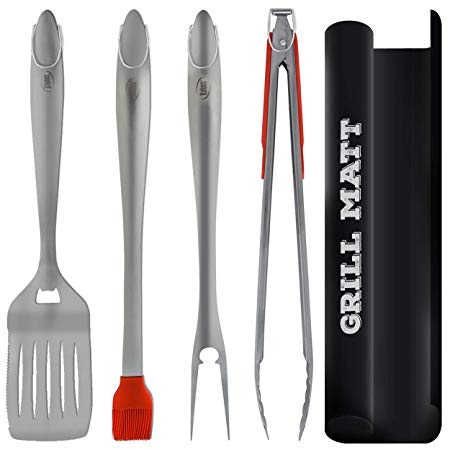 Kaluns Best BBQ Grilling Tools Set - Heavy Duty Thick Stainless Steel Utensils - 5-Piece, Tong, Fork, Spatula, Basting Brush Extra Long Grill Accessories - Premium Gift Box Package