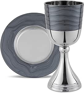 Luxurious Kiddush Cup Set Gift Boxed - Polished Nickel and Enamel Plated (Dark Grey) Elegant Wine Cup 5.75" Goblet and Matching Tray - Stunning Passover Seder, Shabbos, Yom Tov Décor by Zion Judaica