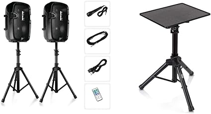 Powered PA Speaker System Active & Passive Bluetooth Loudspeakers Kit & Universal Laptop Projector Tripod Stand - Computer, Book, DJ Equipment Holder Mount Height Adjustable Up to 35 Inches