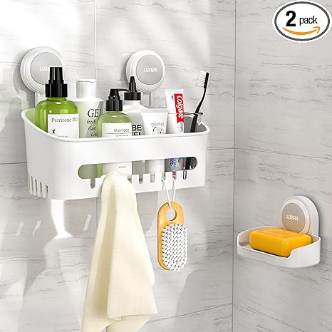 LUXEAR Shower Caddy Suction Cup Sets Shower Shelf Basket   Soap Dish Holder NO-Drilling Removable One Second Installation Suction Shower Organizer Powerful Waterproof Bathroom Caddy Storage-2 Pack