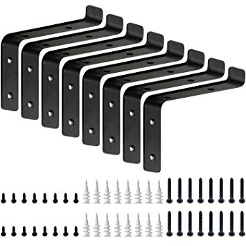 Mkono 4x6 Inches Wall Shelf Brackets with Lip Metal Right Angle Corner Brace Hanging DIY Shelving Hooks for Indoor Floating Shelves, Matte Black, Pack of 8