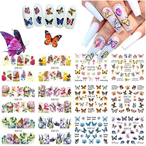 Butterfly Nail Stickers,12Sheets Nail Decals Flowers Butterfly Water Transfer Watermark DIY Colorful Nail Art Foils for Fingernails Toenails Manicure Decor