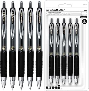 Uni-Ball Black Retractable Gel Pens 12 Pack with Fine Points 0.5mm, 207 Signo Click Pens are Fraud Proof and the Best Office Pens, Nursing Pens, Business Pens, School Pens, and Bible Pens