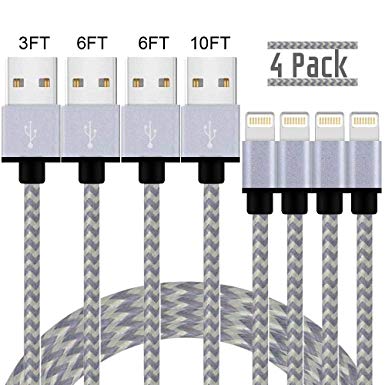 iPhone Fast Charger,MFi Certified Cable,4 Pack(3/6/6/10 FT) Extra Long Nylon Braided Charging&Syncing Cord Compatible with iPhone Xs/XS Max//XRX/7/7Plus/8/8Plus/6S/6SPlus/5/Ipad (White Grey)