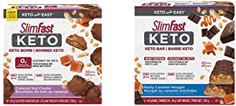 SlimFast KETO Bomb Snacks, 14x20g Chocolate Caramel Nut Clusters per box, 280 grams & Slim-Fast KETO Bar with Whey Protein and Coconut Oil Mcts - Box Of 5x46g Bars, Nutty Caramel Nougat, 230 grams