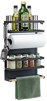 Sorbus Magnet Spice Rack Organizer for Refrigerator, 4-Tier Magnetic Storage Shelf with Paper Towel Holders and 5 Hooks, Multi-purpose, (Large, Black)