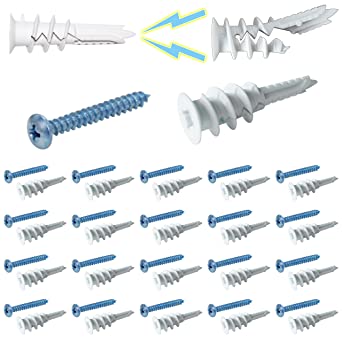 Ansoon #8 Self Drilling Plastic Drywall Anchors with Screw kit, 20 Self-Tapping Nylon Wall Anchors   20#8 x 1-1/4'' Screws, 75LBS Hanging and Mounting (Nylon-20)