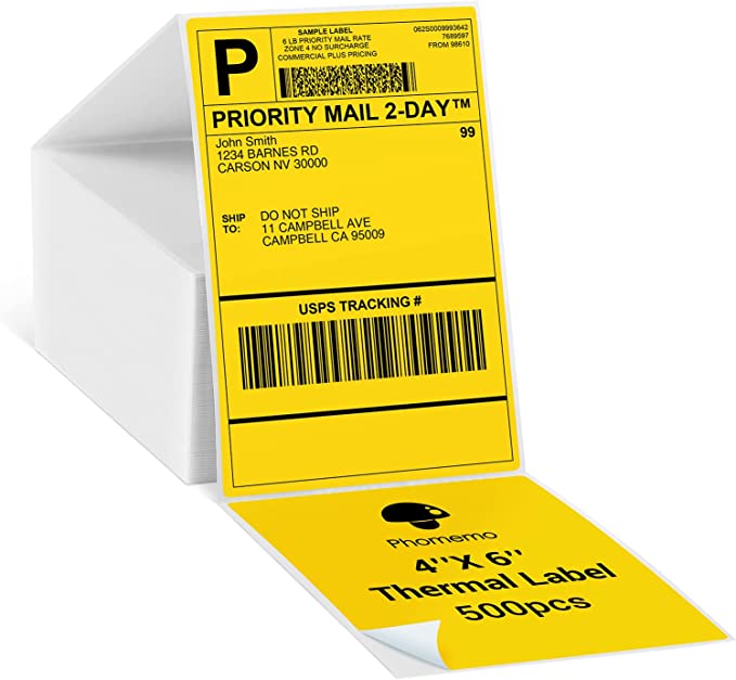 Phomemo Yellow Shipping Labels- 4X6'' Thermal Shipping Labels -Fan-Fold Labels for Shipping Labels, Address, Mail, Product Logo Labels, Barcode, 500pcs