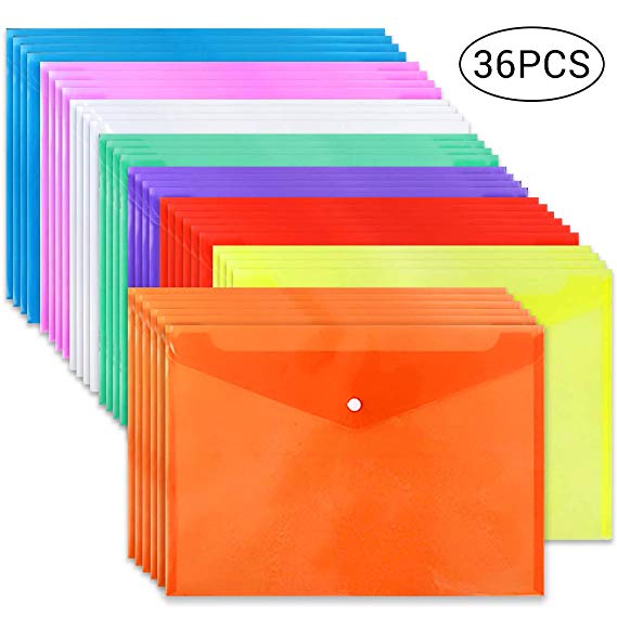 JPSOR 36pcs Poly Envelope Folders, Clear Plastic Envelopes with Snap Button Closure, 8 Colors, A4 Size