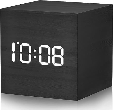 JALL Digital Alarm Clock, with Wooden Electronic LED Time Display, 3 Alarm Settings, Adjustable Alarm Volume, Snooze Function, Sound Control, 2.5-inch Cubic Small Wood Made Electric Clocks for Bedroom, Bedside, Desk (Dark Wood)