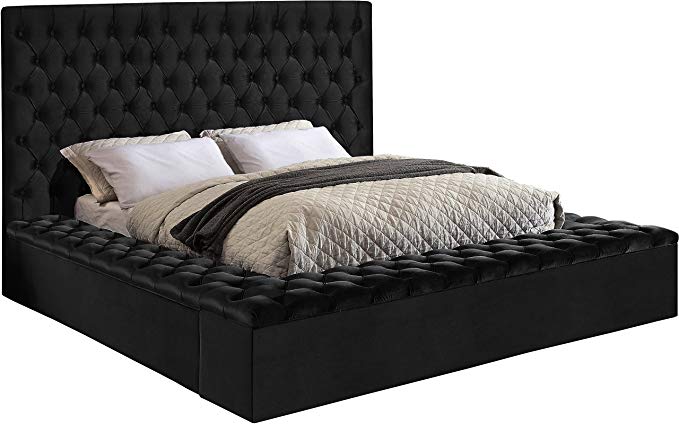 Meridian Furniture BlissBlack-Q Bliss Collection Modern | Contemporary Black Velvet Upholstered Bed with Deep Tufting, with Storage Rails and Footboard, Queen,
