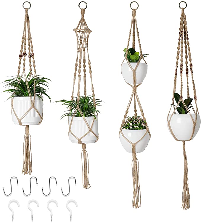 POTEY 620401 Macrame Plant Hanger Set - Jute Hanging Plant Holder with 8 Hooks, 4 Different Pack Indoor Outdoor Hanging Planter with Wood Beads,40''/43.3''/47.3''/47.3''