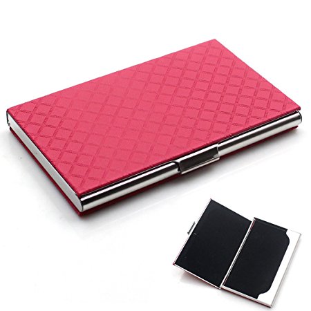 Rerii Business Card Holder Leather Surface Stainless Steel Business Card Case Name Card Holder (Embossing - Rose Red)