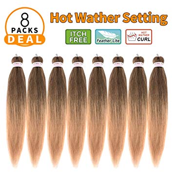 24"-8packs/lot Pre-stretched Braiding Hair Ombre Blonde Yaki Texture Hot Water Setting Itch-Free Synthetic Fiber Crochet Braiding Hair Extension (24", T27)