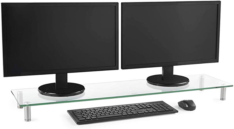 VonHaus XL Glass Monitor Stand for Desks - Height Adjustable Screen Riser - Dual Monitor Mount – Clear Glass with Aluminium Legs - Suitable for Home or Office - 100 x 26cm