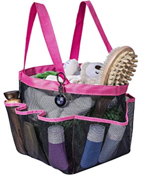 Attmu Portable Shower Caddy with 8 Mesh Storage Pockets, Quick Dry Shower Tote Bag Oxford Hanging Toiletry and Bath Organizer for Shampoo, Conditioner, Soap and Other Bathroom Accessories, Rose