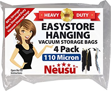 Neusu EasyStore Standard Length Hanging Vacuum Storage Bags - Heavy Duty 4 Pack 105cm x 70cm Coat Hanger Space Saving Bags For Jackets, Suits, Dinner Jackets, Dresses And Other Clothes - Superior 110 Micron Quality