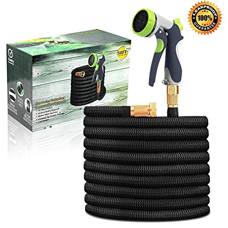 50ft Garden Hose Expandable Water Hose with Double Latex Core 3/4" Solid Brass Fittings Extra Strength Fabric Flexible Expanding Hose Metal 8 Function Spray Nozzle