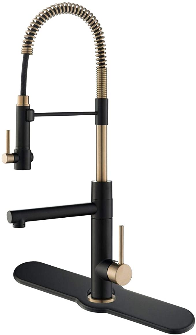 Kraus KPF-1603SBBG-DP03SB Artek Pro 2-Function Commercial Style Pre-Rinse Kitchen Faucet with Pot Filler and Deck Plate, Black Stainless Steel/Brushed Gold