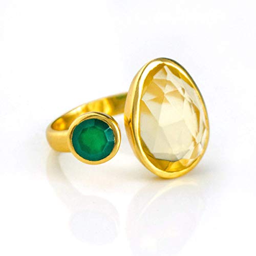 Double Gemstone Ring, Large Oval Citrine with Green Onyx Ring, Adjustable Ring, November Birthstone, bezel set ring, Any size Ring, Open Ring