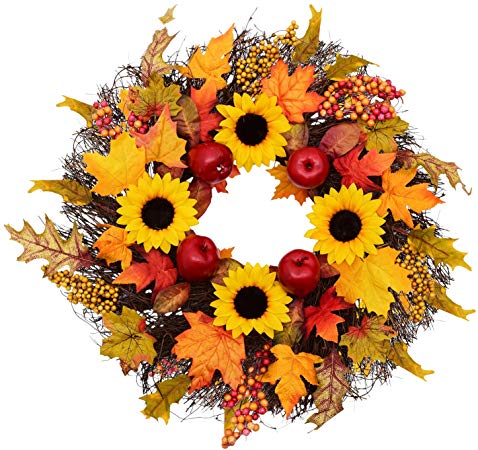 Fall Wreath with Maple Leaf, Berry, Sunflower and Apple Fall Door Wreath Apple Sunflower Wreath Fall Front Door Wreath for Front Door Decor Thanksgiving Harvest Autumn Home Decororation