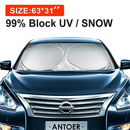 ANTOER Car Sun Shade Travel Pouch, Large Sizes Windshield Sun Shade With 2 Ears Block Out 99% UV Rays Heat & Snow Car SunShade Keep Automobile Cool Easy to use 63”x31”