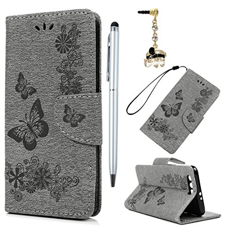 Huawei Honor 9 Case,Badalink Honor 9 Case Cover PU Leather Case Wallet Embossed Butterfly & Flower Folio Flip Case Soft TPU Magnetic Closure Cover Shockproof Bumper Cover with Card Slots & Wrist Strap for Huawei Honor 9 Case,Gray