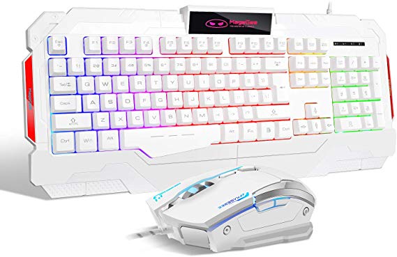 PC Gaming Keyboard and Mouse Combo, GK806 LED Rainbow Backlit USB Keyboard and Mouse Set, G7 Gaming Mouse and Keyboard 104 Key Computer PC Gaming Keyboard with Wrist Rest-White