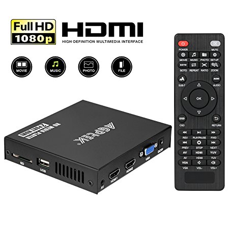 Media Player, 2 Port HDMI 1080P Full-HD Portable Digital Player, Play Video and Photos with USB Driver, SD Cards, HDD, External Devices