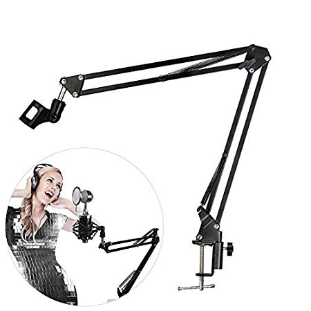 Arm Microphone Stand, Microphone Adjustable Desk Suspension Boom Scissor Arm with Mic Clip Holder and Table Mounting Clamp, featured Microphone Mount for DJ, music recorder and computer PC game