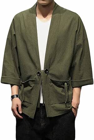 Men's Kimono Jackets Cardigan Casual Cotton Blends Linen Seven Sleeve Open Front Embroidery Coat