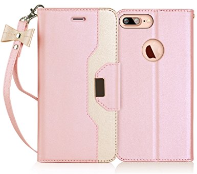 iPhone 7 Plus Case, FYY [RFID Blocking wallet] [Makeup Mirror] Premium PU Leather iPhone 7 Plus Wallet Case with Cosmetic Mirror and Bow-knot Strap Rose Gold Gold