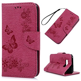 S8 Case Wallet, KASOS Embossed Bright Flowers Butterfly Wallet Case PU Leather with Kickstand Soft TPU Inner Shell Magnetic Front Closure Card Holders & Hand Strap Cover for Samsung - Rose Red