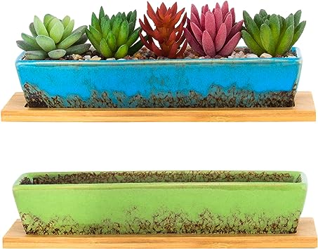 Succulent Pots - 2 Pack Large Succulent Planters with Drainage Tray, 9.8 Inch Long Rectangular Planters for Indoor Plants Shallow Window Planters Ceramic Cactus Flower Plant Container for Garden