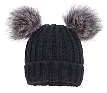 ARCTIC PAW Cable Knit Beanie With Faux Fur Pompom Ears